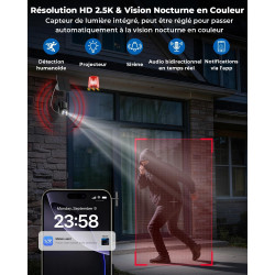 Camera Surveillance WiFi Exterieure sans Fil Solaire 2.5K 4MP avec Panneau Solaire 5W, 2K QHD, Batterie 8000mAh, 2.4G et 5GHz Wi