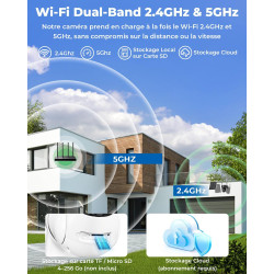 Camera Surveillance WiFi Exterieure sans Fil Solaire 2.5K 4MP avec Panneau Solaire 5W, 2K QHD, Batterie 8000mAh, 2.4G et 5GHz Wi