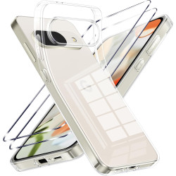 Coque pour Google Pixel 9/9 Pro avec 2 Pièces Verre Trempé Protection écran，Housse Etui Transparente Silicone en TPU Souple，Anti