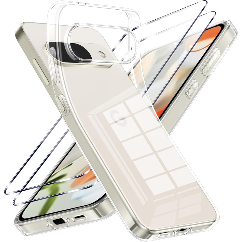 Coque pour Google Pixel 9/9 Pro avec 2 Pièces Verre Trempé Protection écran，Housse Etui Transparente Silicone en TPU Souple，Anti