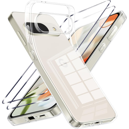 Coque pour Google Pixel 9/9 Pro avec 2 Pièces Verre Trempé Protection écran，Housse Etui Transparente Silicone en TPU Souple，Anti