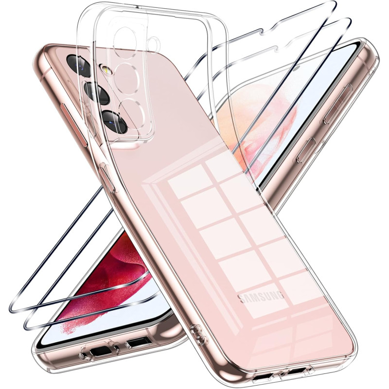 Coque pour Samsung Galaxy S21 5G avec 2 Pièces Verre Trempé Protection écran，Housse Etui Transparente Silicone en TPU Souple，Ant