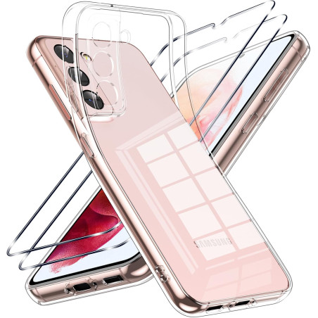 Coque pour Samsung Galaxy S21 5G avec 2 Pièces Verre Trempé Protection écran，Housse Etui Transparente Silicone en TPU Souple，Ant