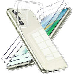 Coque pour Samsung Galaxy S21 FE 5G avec 2 Pièces Verre Trempé Protection écran，Housse Etui Transparente Silicone en TPU Souple，