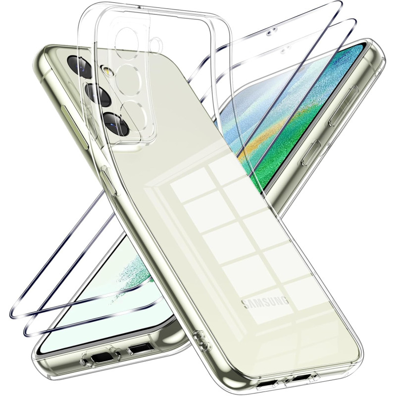 Coque pour Samsung Galaxy S21 FE 5G avec 2 Pièces Verre Trempé Protection écran，Housse Etui Transparente Silicone en TPU Souple，