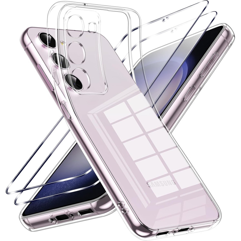 Coque pour Samsung Galaxy S23 5G avec 2 Pièces Verre Trempé Protection écran，Housse Etui Transparente Silicone en TPU Souple，Ant