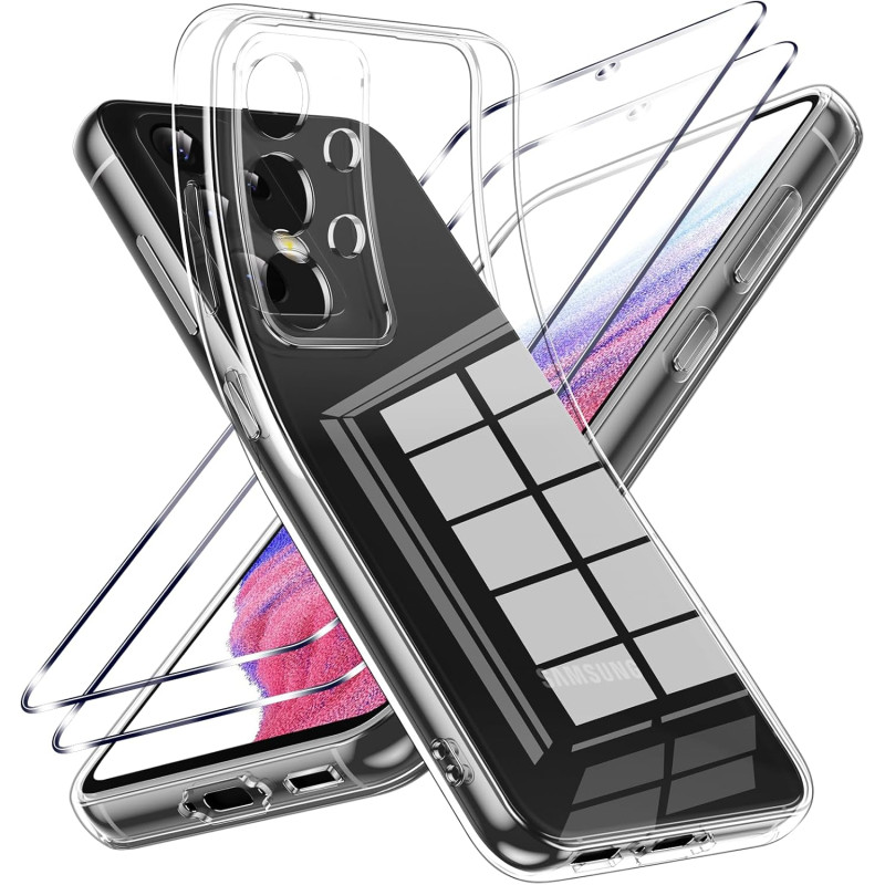 Coque pour Samsung Galaxy A53 5G avec 2 Pièces Verre Trempé Protection écran，Housse Etui Transparente Silicone en TPU Souple，Ant