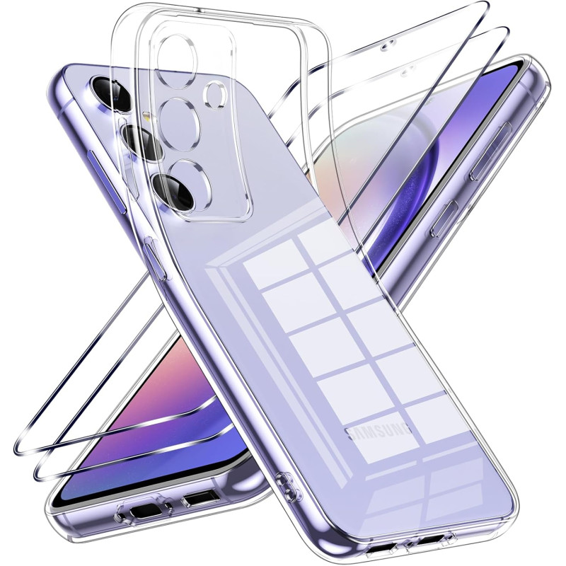 Coque pour Samsung Galaxy A54 5G avec 2 Pièces Verre Trempé Protection écran，Housse Etui Transparente Silicone en TPU Souple，Ant