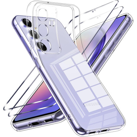 Coque pour Samsung Galaxy A54 5G avec 2 Pièces Verre Trempé Protection écran，Housse Etui Transparente Silicone en TPU Souple，Ant