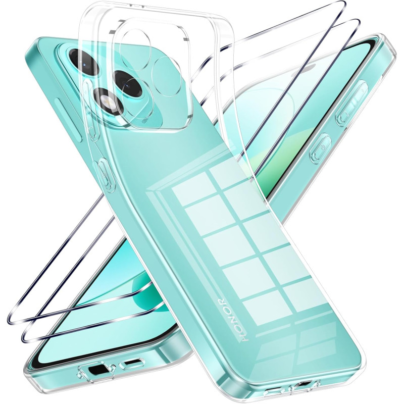 Coque pour Honor 400 Lite avec 2 Pièces Verre Trempé Protection écran，Housse Etui Transparente Silicone en TPU Souple，Antichoc A