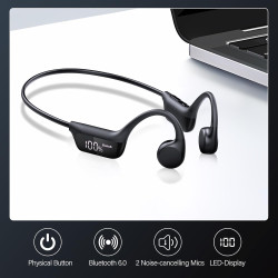 Casque conduction osseuse bleutooth 6.0, ipx7 écouteurs à conduction osseuse avec micro, écran led, 12h ecouteurs sans fil sport