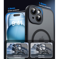 Natiiozie Coque pour iPhone 15, Protection de l'objectif améliorée, Noir | Compatible avec MagSafe, Etui Translucide Mat, Magnét