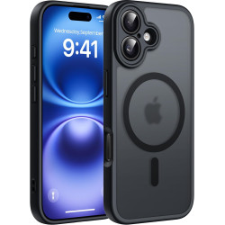 Natiiozie Coque pour iPhone 16, Protection de l'objectif améliorée, Noir | Compatible avec MagSafe, Etui Translucide Mat, Magnét