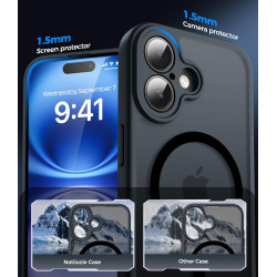 Natiiozie Coque pour iPhone 16, Protection de l'objectif améliorée, Noir | Compatible avec MagSafe, Etui Translucide Mat, Magnét