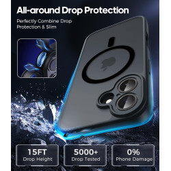 Natiiozie Coque pour iPhone 16, Protection de l'objectif améliorée, Noir | Compatible avec MagSafe, Etui Translucide Mat, Magnét