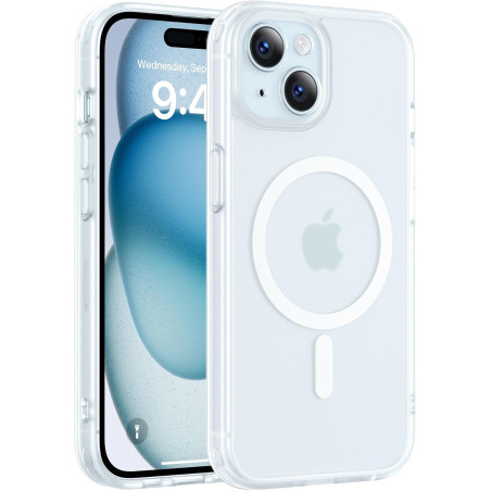 Natiiozie Coque pour iPhone 15, Protection de l'objectif, Blanc | Compatible avec MagSafe, Magnétique, Etui Translucide Mat, Ant