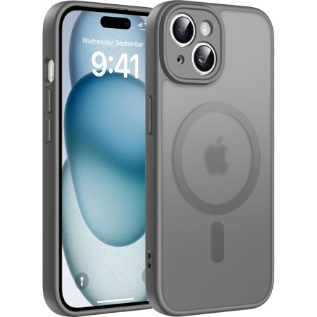 Natiiozie Coque pour iPhone 15, Protection de l'objectif, Gris | Compatible avec MagSafe, Magnétique, Etui Translucide Mat, Anti