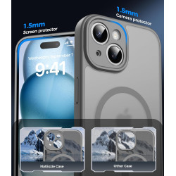 Natiiozie Coque pour iPhone 15, Protection de l'objectif, Gris | Compatible avec MagSafe, Magnétique, Etui Translucide Mat, Anti