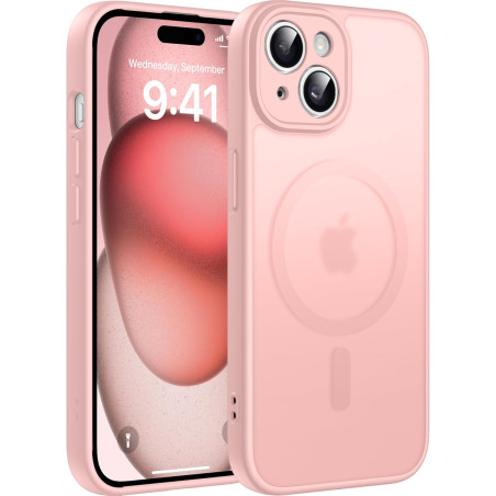 Natiiozie Coque pour iPhone 15, Protection de l'objectif, Rose | Compatible avec MagSafe, Magnétique, Etui Translucide Mat, Anti