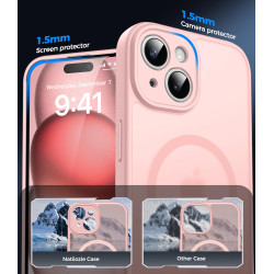 Natiiozie Coque pour iPhone 15, Protection de l'objectif, Rose | Compatible avec MagSafe, Magnétique, Etui Translucide Mat, Anti