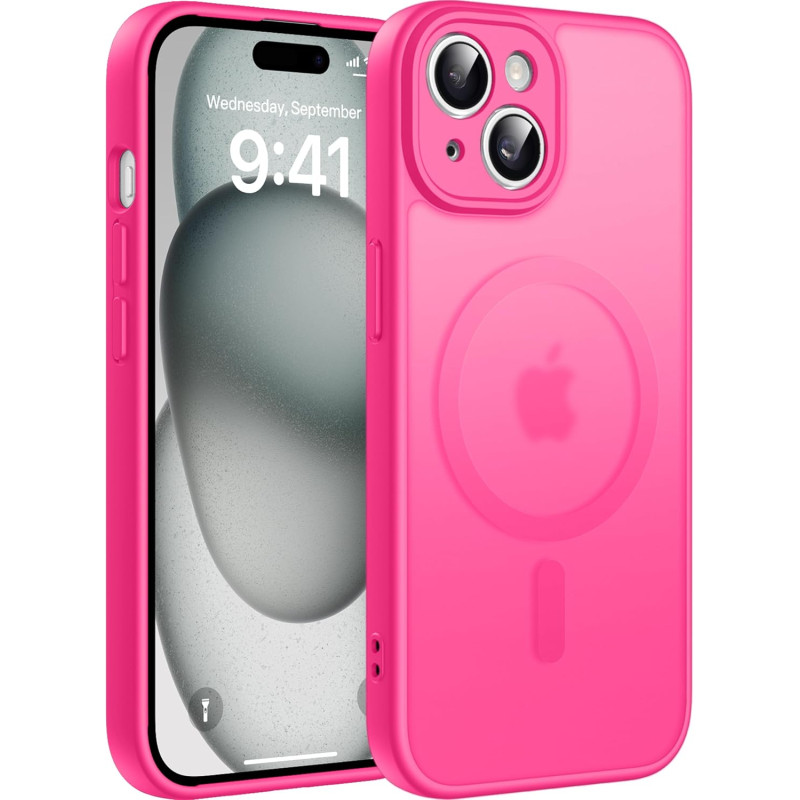 Natiiozie Coque pour iPhone 15, Protection de l'objectif, Rose Rouge | Compatible avec MagSafe, Magnétique, Etui Translucide Mat