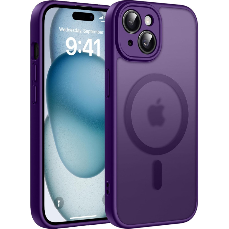 Natiiozie Coque pour iPhone 15, Protection de l'objectif, Violet foncé | Compatible avec MagSafe, Magnétique, Etui Translucide M