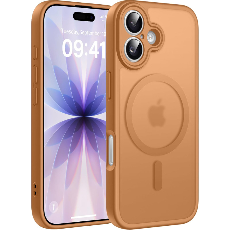 Natiiozie coque pour iphone 17, protection de l'objectif, orange | compatible avec magsafe, magnétique, etui translucide mat, an