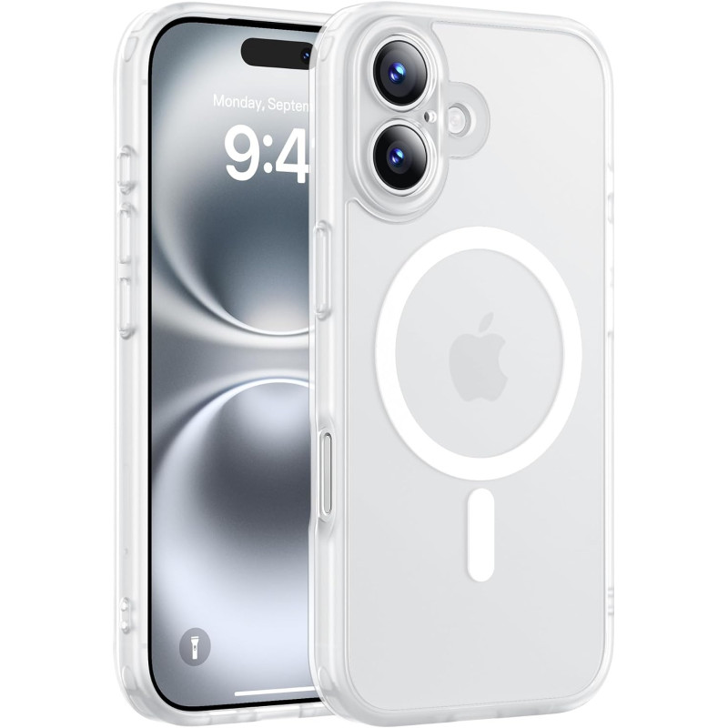 Natiiozie Coque pour iPhone 16, Protection de l'objectif, Blanc | Compatible avec MagSafe, Magnétique, Etui Translucide Mat, Ant