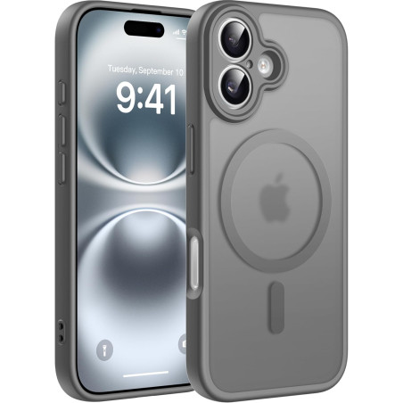 Natiiozie Coque pour iPhone 16, Protection de l'objectif, Gris | Compatible avec MagSafe, Magnétique, Etui Translucide Mat, Anti
