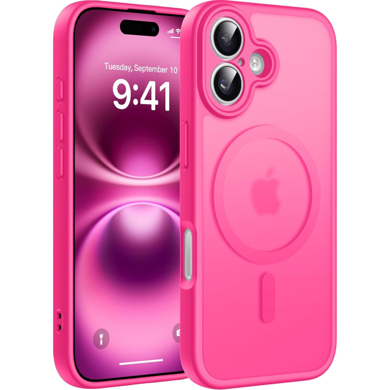 Natiiozie Coque pour iPhone 16, Protection de l'objectif, Rose Rouge | Compatible avec MagSafe, Magnétique, Etui Translucide Mat
