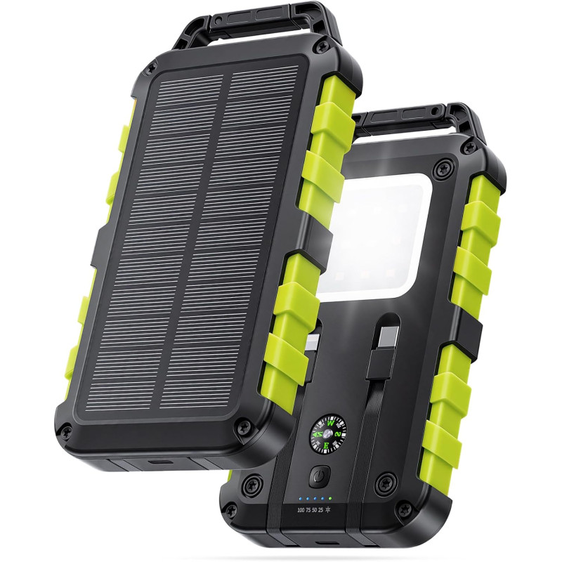 Batterie Externe Solaire 10000mAh Charge Rapide PD 22,5W Étanche IPX6, 3 Ports de Sortie, Lampe LED 3 Modes, Boussole, 2 Câbles 