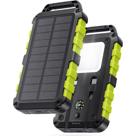 Batterie Externe Solaire 10000mAh Charge Rapide PD 22,5W Étanche IPX6, 3 Ports de Sortie, Lampe LED 3 Modes, Boussole, 2 Câbles 