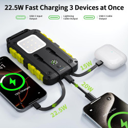 Batterie Externe Solaire 10000mAh Charge Rapide PD 22,5W Étanche IPX6, 3 Ports de Sortie, Lampe LED 3 Modes, Boussole, 2 Câbles 
