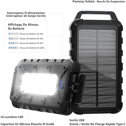 Batterie Externe Solaire 10000mAh PD 22,5W Chargeur Solaire avec 2 Ports USB et Une Entrée USB-C Charge Rapide Batterie Solaire 