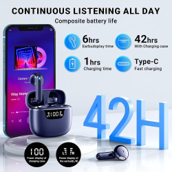 Ecouteurs bleutooth sans fil, oreillette bleutooth avec 4 enc réduction antibruit mic ipx6 étanche 42h durée écran led hifi stér
