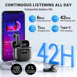 Ecouteurs bleutooth sans fil, kauguo écouteurs sans fil 5.4 avec 4 enc réduction antibruit mic hifi stéréo ipx6 étanche 42h duré