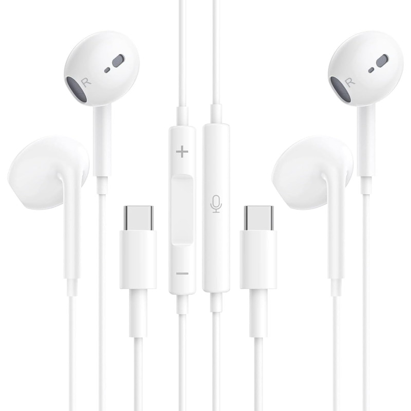 Lot de 2 Écouteurs Filaires USB-C Intra-Auriculaires pour iPhone et Samsung | Couleur blanc, version 2026 améliorée, son Hi-Fi s