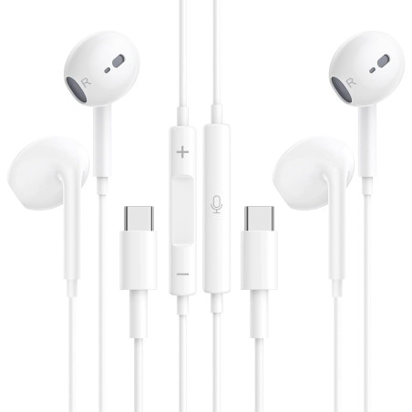 Lot de 2 Écouteurs Filaires USB-C Intra-Auriculaires pour iPhone et Samsung | Couleur blanc, version 2026 améliorée, son Hi-Fi s