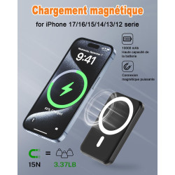 Batterie Externe Magnétique, Power Bank 10000mAh Compatible avec Mag-Safe, 20W Banque de Puissance à Charge Rapide Chargeur Indu