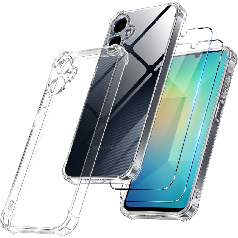 Vauki Coque pour Samsung Galaxy A06 4G/5G avec 2 Protection D'écran Verre Trempé, TPU Bumper Transparente Case, [Coussin d'air I