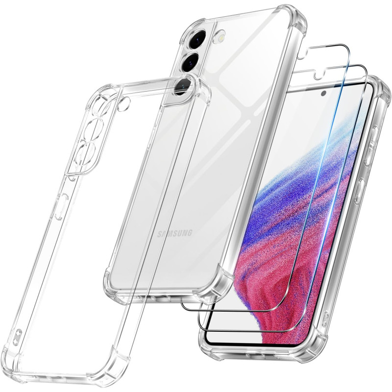 Vauki pour Samsung Galaxy S22 5G Coque avec 2 Protection D'écran Verre Trempé, TPU Bumper Transparente Case, [Coussin d'air Inté