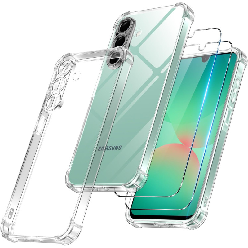 Vauki pour Samsung Galaxy A26 5G Coque avec 2 Protection D'écran Verre Trempé, TPU Bumper Transparente Case, [Coussin d'air Inté