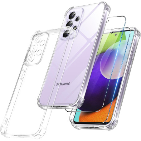 Vauki pour Samsung Galaxy A52 4G/5G / A52S 5G Coque avec 2 Protection D'écran Verre Trempé, TPU Bumper Transparente Case, [Couss