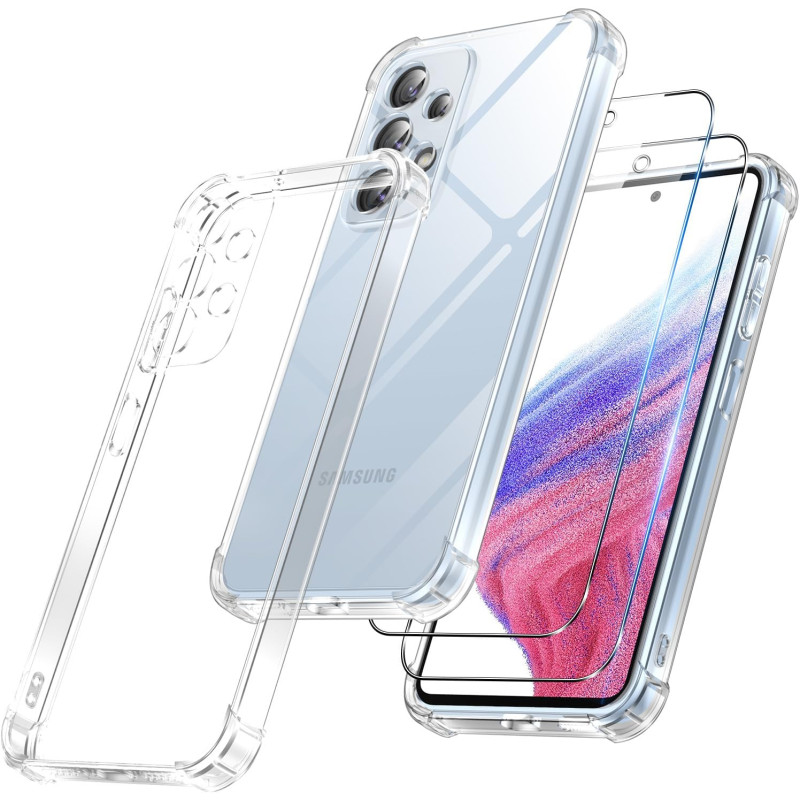 Vauki Coque pour Samsung Galaxy A53 5G avec 2 Protection D'écran Verre Trempé, TPU Bumper Transparente Case, [Coussin d'air Inté