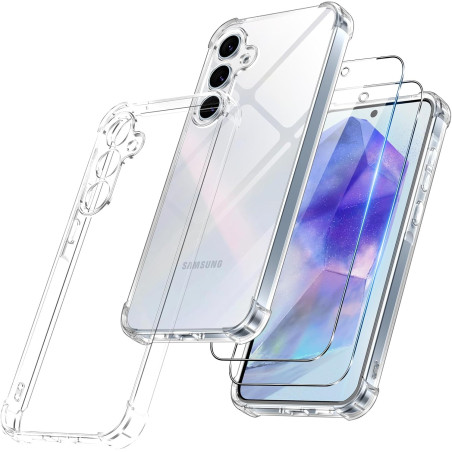Vauki Coque pour Samsung Galaxy A55 5G avec 2 Protection D'écran Verre Trempé, TPU Bumper Transparente Case, [Coussin d'air Inté