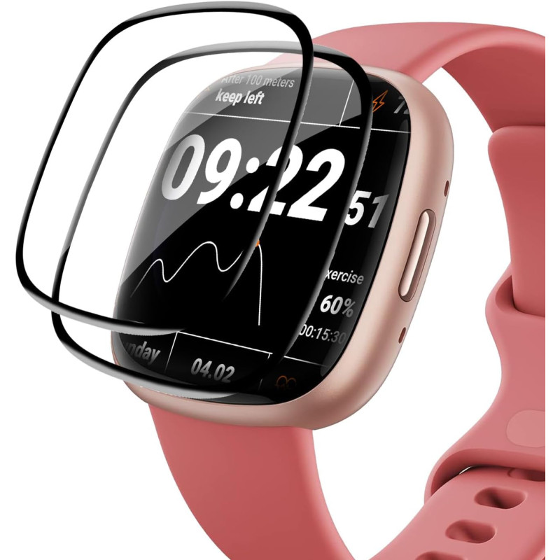 Carantee Verre Trempé pour Fitbit Versa 4/Fitbit Versa 3/Sense 2-2 Pièces Protection Écran 3D, Dureté 9H 0,33mm Anti-Rayures, Vi