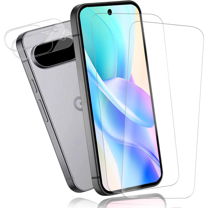 2+2 pièces Verre Trempé pour Google Pixel 10 Protection écran, HD Sans Bulles Anti‑Empreintes Caméra Arrière Vitre Protection, 9