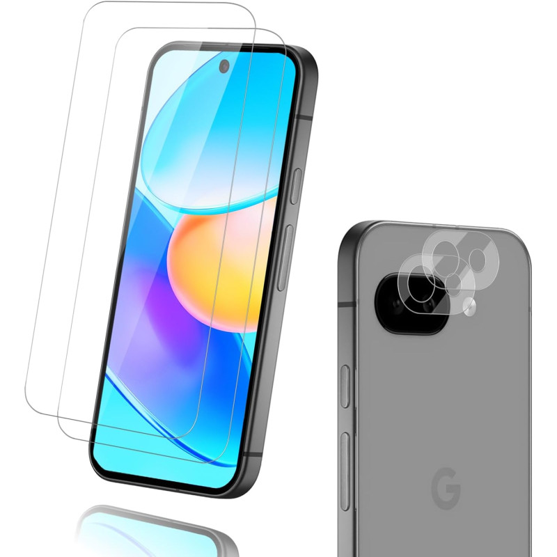 2+2 Pièces Verre Trempé pour Google Pixel 9a, avec Caméra Arrière Ecran Verre Film, pas de bulles Toucher Sensible Vitre Protect