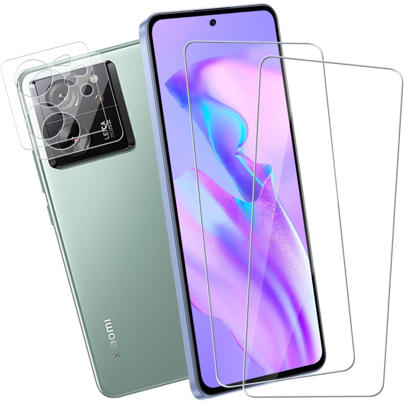 2+2 pièces Verre Trempé pour Xiaomi 13T/13T Pro Protection écran, HD Sans Bulles Anti‑Empreintes Caméra Arrière Vitre Protection