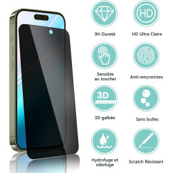 Carantee 2 pièces Film de protection intimité Verre Trempé pour iPhone 16 Pro, Haute Sensibilité Anti‑Espion Protection écran, 9